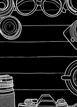 Hand Drawn Vector Illustration ,Top view of retro camera and lens, set of cool photography on wooden background, Close up top view with space for text,Voyage conceptのイラスト素材