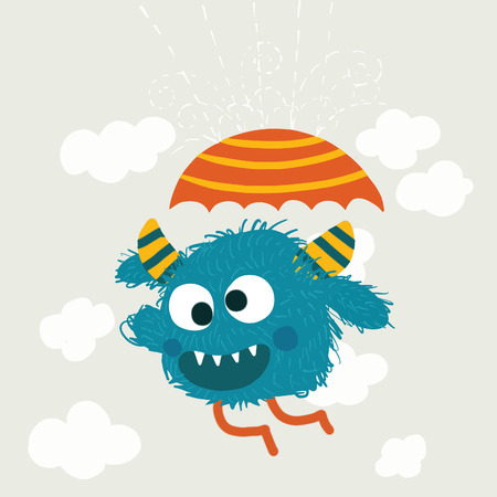 Crazy monster holding umbrella. Happy funny childish little monster with umbrella in the rain. Cute vector illustration.のイラスト素材