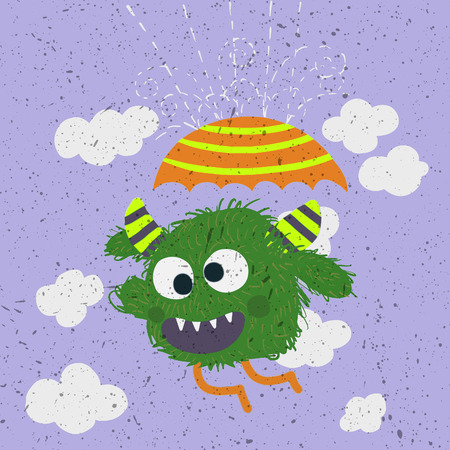 Crazy monster holding umbrella,Happy funny childish little monster with umbrella in the rain. Cute vector illustration.のイラスト素材