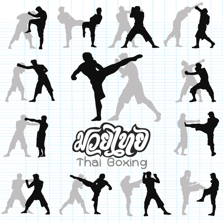 Thai boxing. Muay Thai martial art vector illustration collection.?Muay Thai (Popular Thai Boxing style) text, font, graphic vector. Muay Thai beautiful vector logo for gym or otherのイラスト素材