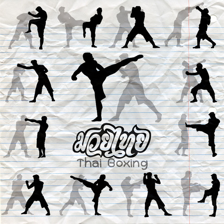 Thai boxing. Muay Thai martial art vector illustration collection. Muay Thai (Popular Thai Boxing style) text, font, graphic vector. Muay Thai beautiful vector logo for gym or otherのイラスト素材