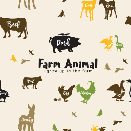 Vector Farm Animals Silhouettes Isolated  ,Vector illustration.Seamless pattern のイラスト素材