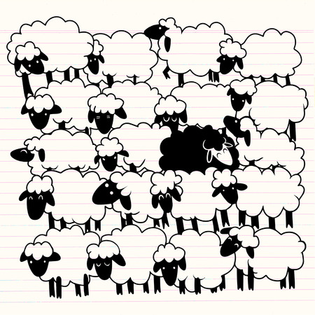 Black sheep amongst white sheep ,Single black sheep in white sheep group. dissimilar conceptのイラスト素材