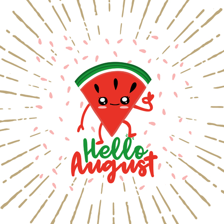 Cute character of watermelon . Vector illustration card with inscription Hello august! and sliced watermelons. Vector illustration with doodle style.のイラスト素材
