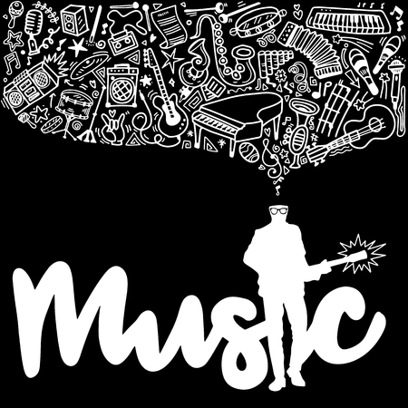 Guitarist ,Abstract Music Background ,Collage with musical instruments.Hand drawing Doodle, vector illustration.のイラスト素材