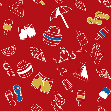 Summer beach hand drawn vector symbols and objects,Summer Doodles. Summer Icon Set.seamless background doodle .Vector hand drawn illustration.のイラスト素材