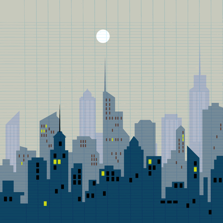 City skyline illustration, Urban landscape, Blue city silhouette, Cityscape in flat style, Modern city landscape.のイラスト素材