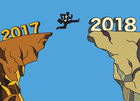 A Businessman jumping between 2017 and 2018. Happy new year 2018. New year new beginning concept ,Vector illustrationのイラスト素材