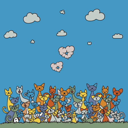 Doodle cats pile with cloud heart and sky on blue background.のイラスト素材