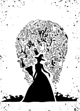 Halloween silhouettes with witch, pumpkin and black cat.のイラスト素材