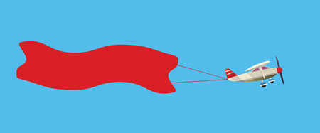 Airplane with poster. Airplane pulls advertising banner. Flat design illustration with minimalist...