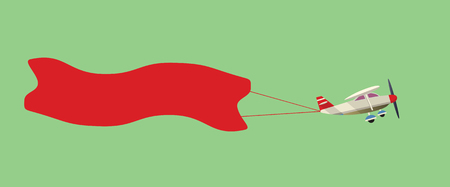 Airplane with poster. Airplane pulls advertising banner. Flat design illustration with minimalist elements.のイラスト素材