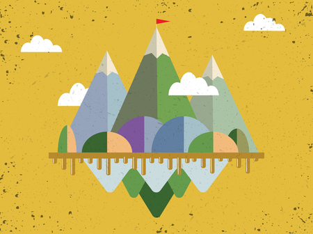 Landscape with flag on the mountain. Success concept illustration. Overcoming difficulties.のイラスト素材