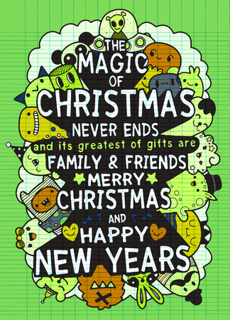 Vector set of hand drawn of Christmas greeting cards. Great print for invitation, poster, apparel design. Happy Holidays. monster. Holiday banners in cartoon styleのイラスト素材