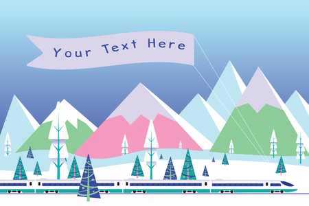 Hi-speed train with banner driving on background of snowy mountains vectorのイラスト素材