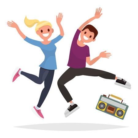 Vector illustration of athletic couple with music. Male and female character. Flat styleのイラスト素材