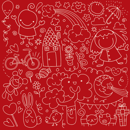 Collection of cute children's drawings on red background.のイラスト素材