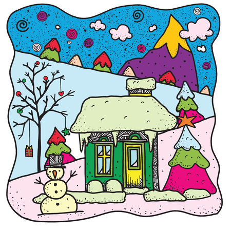 Hand Drawn Vector Illustration Christmas House Covered Snow With Snowman And Spruce. Christmas decorations background. Greeting card.Merry Christmas, for adult coloring book, Flat design.のイラスト素材