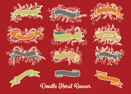Collection of Hand Drawn Doodle Design Elements. Sketched Rustic Decorative Banners, Dividers, Ribbons with Floral Swirls and Branches. Vintage Outlined Vector Illustration.のイラスト素材