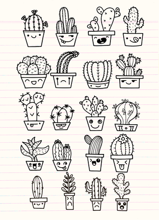 Freehand vector drawing ,Cute hand drawn vector cactuse in the funny face pots,Vector illustrationのイラスト素材