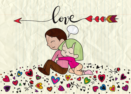 Love theme with happy couple hugging their lovers with arms.Set of Ornamental Wedding Style Elements.のイラスト素材