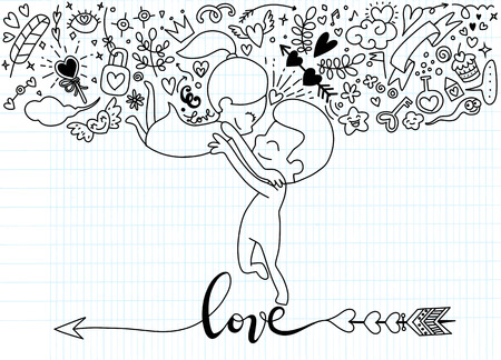Love theme with happy couple hugging and encircling their lovers with arms. Cute woman jumping into man's embrace.Set of Ornamental Wedding Style Elements. のイラスト素材