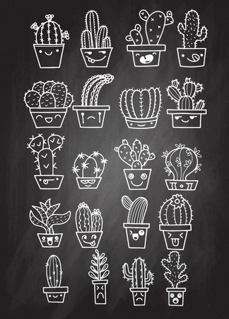 Freehand vector drawing ,Cute hand drawn vector cactuse in the funny face pots,Vector illustrationのイラスト素材