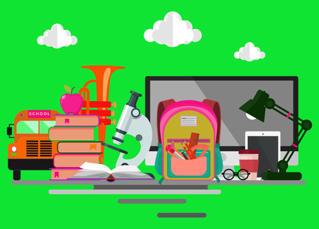 Back to school background with school supplies set, Modern flat icons set; graphic elements; isolated objects for website; web banner; info-graphics. Flat design concept. Vector illustration.のイラスト素材