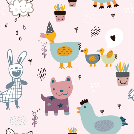 Seamless childish pattern with cute animal and hand drawn shapes.のイラスト素材