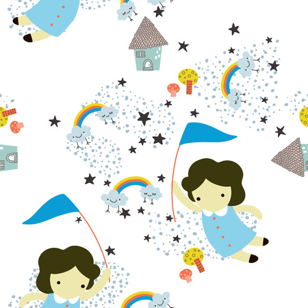 Seamless childish pattern with cute girl and hand drawn shapes.のイラスト素材