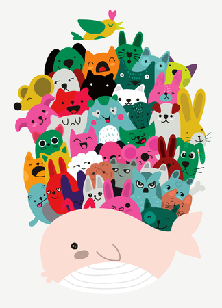 Vector illustration of Doodle cute animal group on whale backのイラスト素材