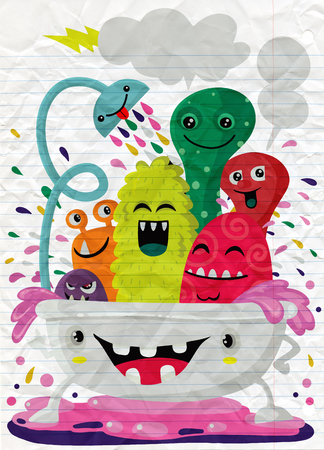 Vector cartoon style illustration of funny monsters taking a bath full of soap foamのイラスト素材