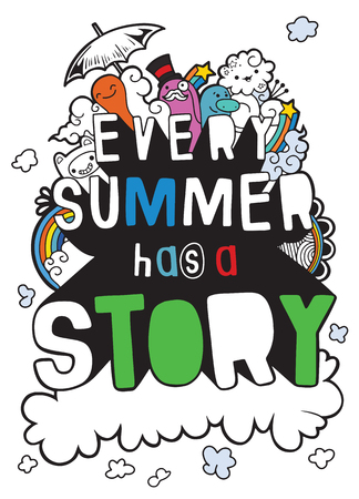 Hand drawn vector illustration set of summer elements. Doodle Illustration of Cute Monstersのイラスト素材