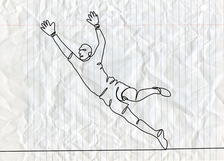 Continuous line drawing. Illustration shows a football ,goalkeeper jumping to catch ball. Soccer. Vector illustrationのイラスト素材