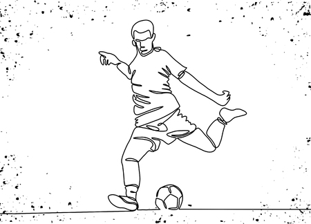Continuous line drawing. Illustration shows a football player kicks the ball. Soccer. Vector illustrationのイラスト素材