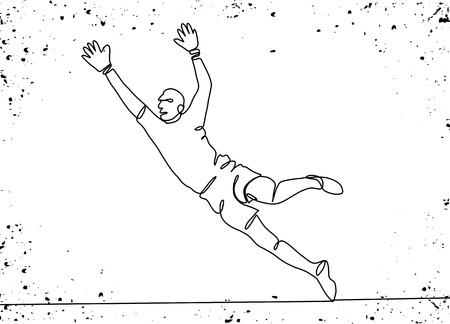 Continuous line drawing. Illustration shows a football ,goalkeeper jumping to catch ball. Soccer. Vector illustrationのイラスト素材