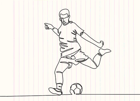 Continuous line drawing. Illustration shows a football player kicks the ball. Soccer. Vector illustration