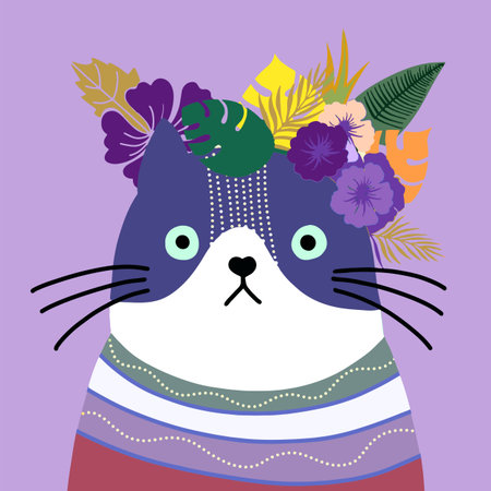 Cat with a floral crown made out of different flowers,Vector illustrationのイラスト素材