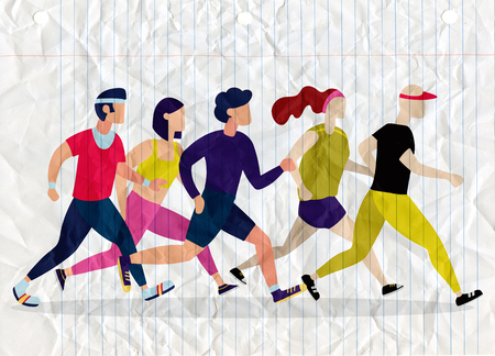 Jogging people. Runners group in motion. Running men and women sports background. People runner race, training to marathon, jogging and running illustrationのイラスト素材