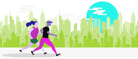 Running Man and Woman. Jogging Couple.,Couple running with city background vector illustrationのイラスト素材