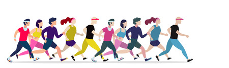Jogging people. Runners group in motion. Running men and women sports background. People runner race, training to marathon, jogging and running illustrationのイラスト素材