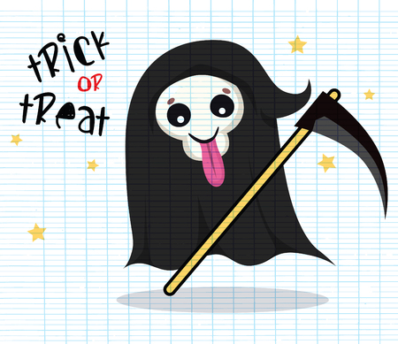 Cute cartoon grim reaper with scythe isolated on a white background. Cute Halloween skeleton death character icon. Design for print, logo, emblem, sticker or party decorationの写真素材