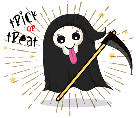 Cute cartoon grim reaper with scythe isolated on a white background. Cute Halloween skeleton death character icon. Design for print, logo, emblem, sticker or party decorationの写真素材