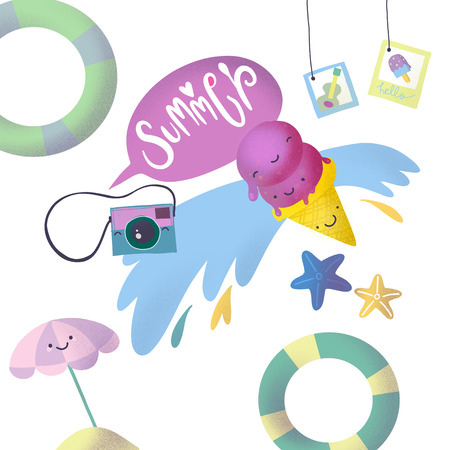 Hand drawn summer greeting card, invitation with icecream. illustration, web banner.の写真素材