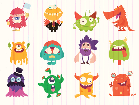Cartoon Monsters collection. Vector set of cartoon monsters . Design for print, party decoration, t-shirt, illustration, logo, emblem or stickerのイラスト素材
