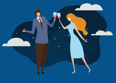 Young passionate couple drinking wine in cafe. Vector illustration of loving couple with wineglasses in romantic backgroundのイラスト素材