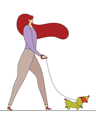 girl walking with dog. Vector illustration in a flat styleのイラスト素材