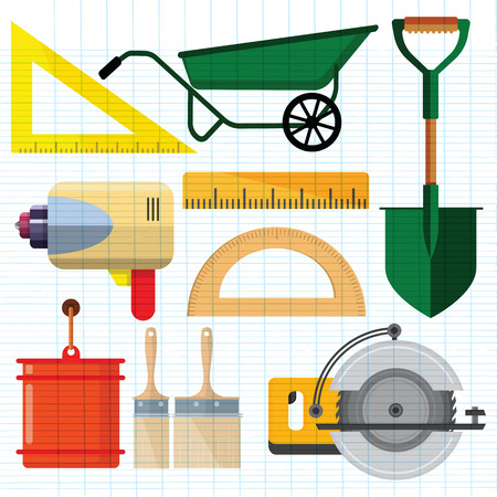 Stock vector illustration set isolated icons building tools repair, construction buildings, ruler, Spade, Shovel,Measuring level, Power Saw,Paint brush,paint bucket,eletric drill, kit flat styleのイラスト素材