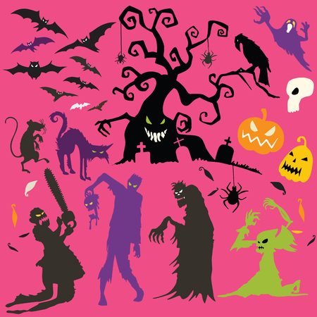 Happy Halloween Magic collection, witch, wizard attributes, creepy and spooky elements for halloween decorations, doodle silhouettes, sketch, icon, sticker. Hand drawn vector illustration.のイラスト素材