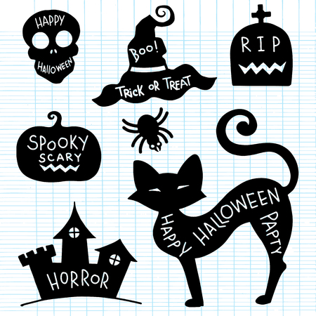 Hand drawn textured Halloween set of a coffin, jack-o-lanterns, skull, Castle,cat and spider vector illustrations.のイラスト素材